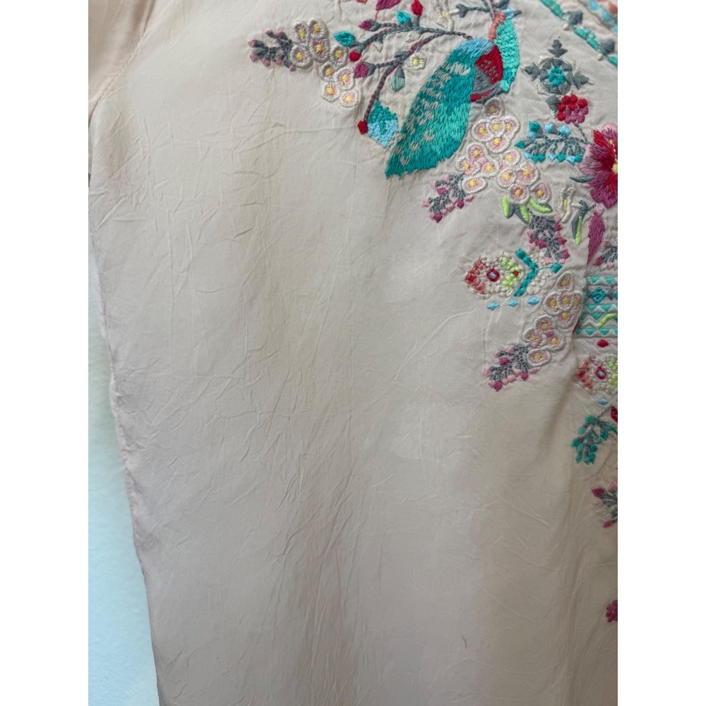 Johnny Was Peach Embroidered Peacock Floral V-Neck Blouse Petite Small PS C66712 - Picture 6 of 8